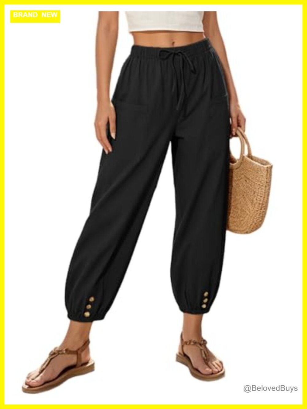WROLEM Women's 100% Cotton Capri Pants Drawstring Elastic High Waist Baggy Wide